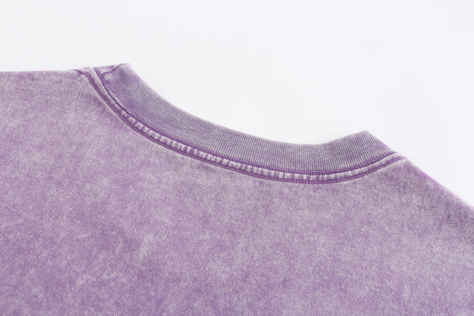 230GSM Vintage Snow Washed Tee - Purple Fabric, Stitching and Construction - Detail View