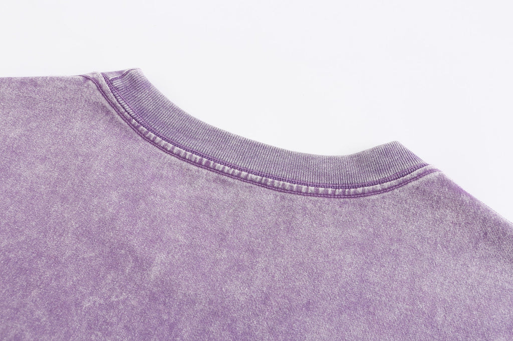 200GSM Vintage Snow Washed Tee - Purple Fabric, Stitching and Construction - Detail View