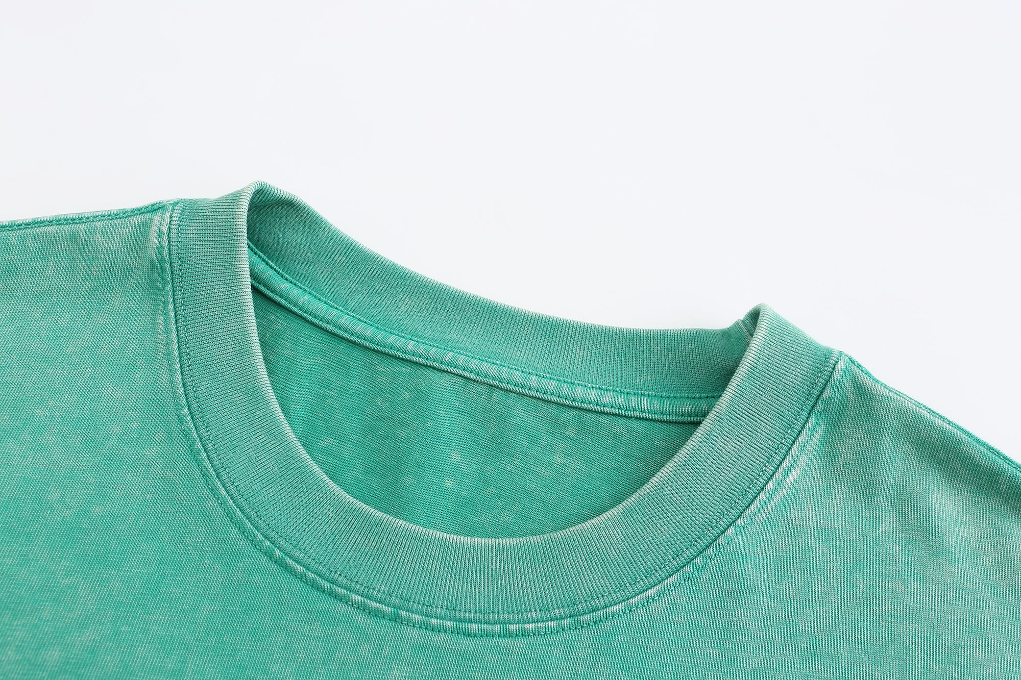 230GSM Vintage Snow Washed Tee - Seafoam Green Fabric, Stitching and Construction - Detail View