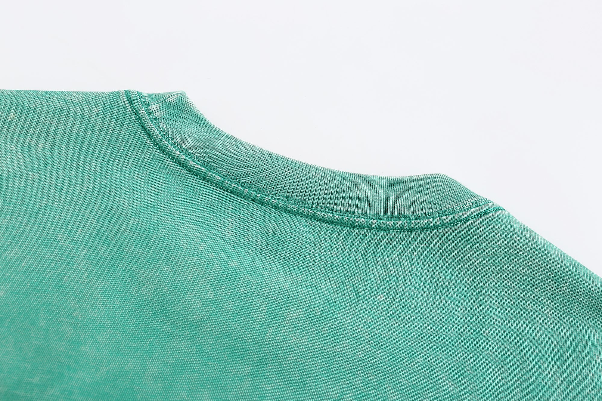 230GSM Vintage Snow Washed Tee - Seafoam Green Fabric, Stitching and Construction - Detail View
