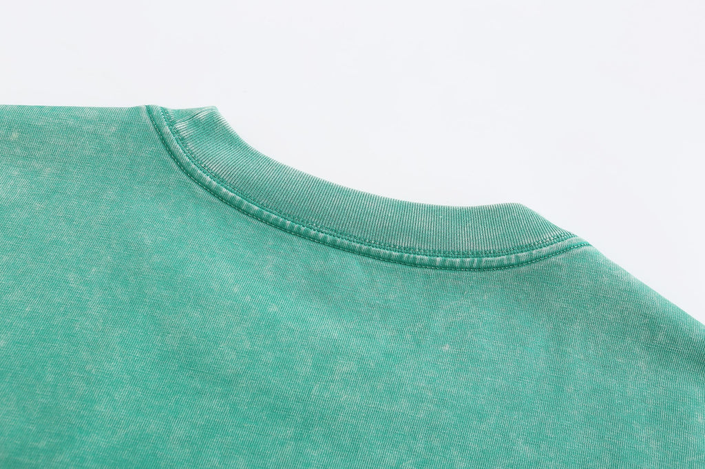 200GSM Vintage Snow Washed Tee - Seafoam Green Fabric, Stitching and Construction - Detail View