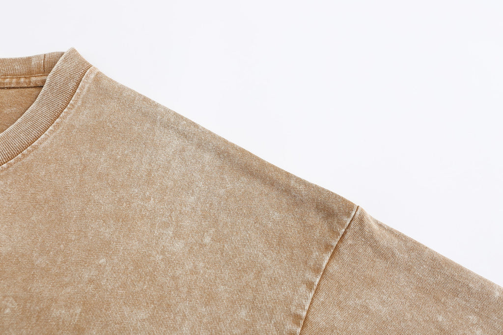 200GSM Vintage Snow Washed Tee - Almond Fabric, Stitching and Construction - Detail View