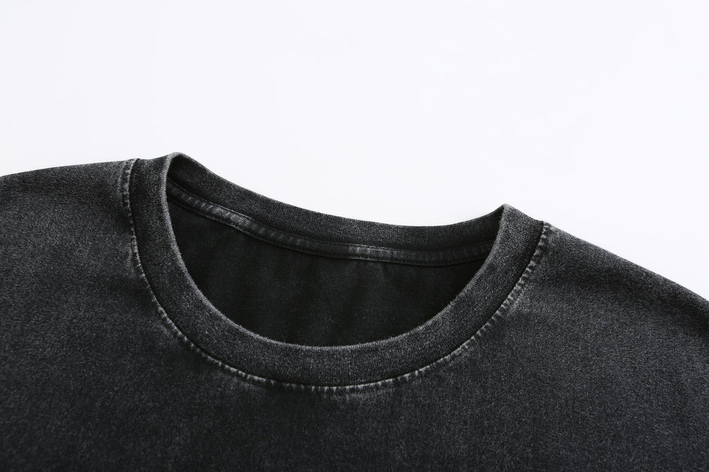 200GSM Vintage Snow Washed Tee - Black Fabric, Stitching and Construction - Detail View