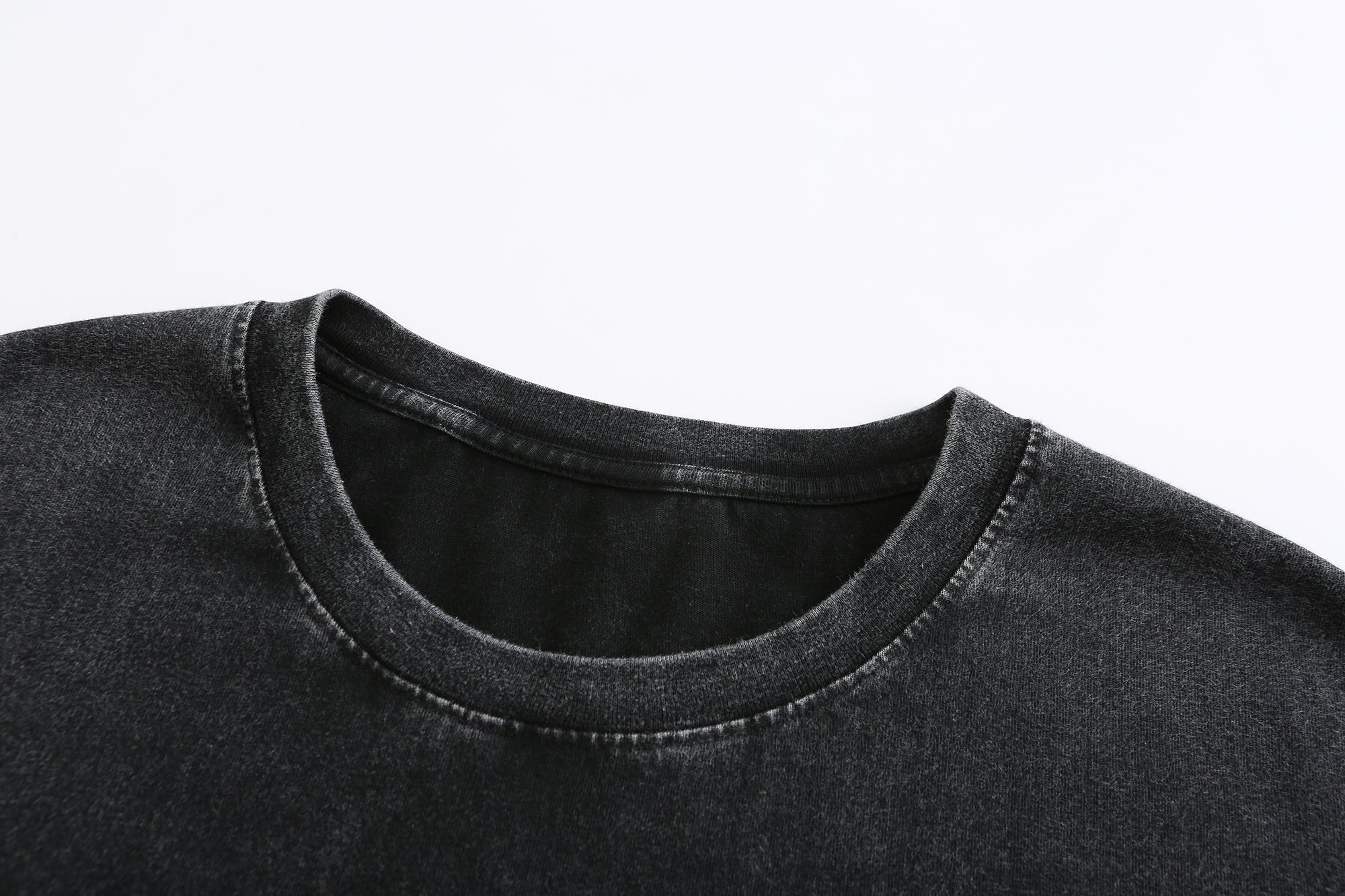 200GSM Vintage Snow Washed Tee - Black Fabric, Stitching and Construction - Detail View