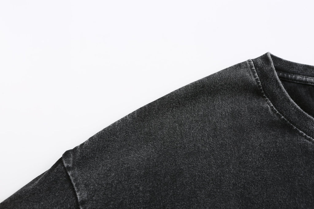 200GSM Vintage Snow Washed Tee - Black Fabric, Stitching and Construction - Detail View