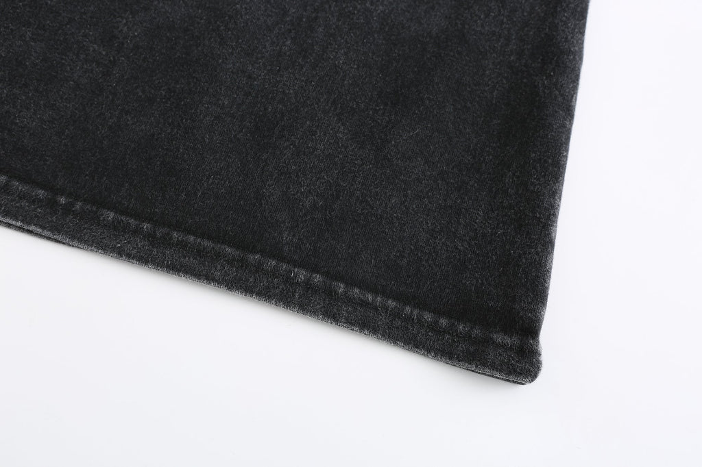200GSM Vintage Snow Washed Tee - Black Fabric, Stitching and Construction - Detail View
