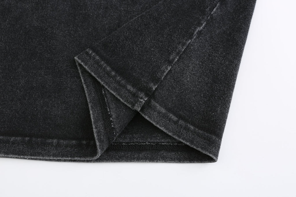 200GSM Vintage Snow Washed Tee - Black Fabric, Stitching and Construction - Detail View