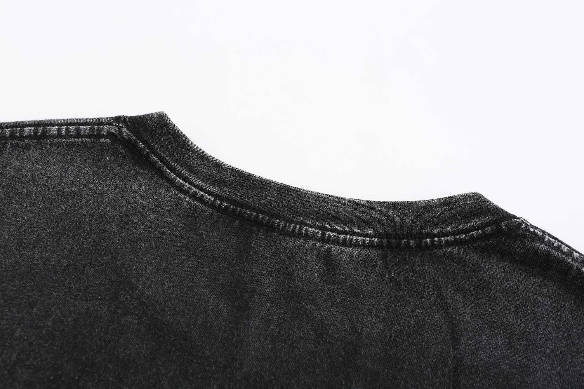 230GSM Vintage Snow Washed Tee - Black Fabric, Stitching and Construction - Detail View