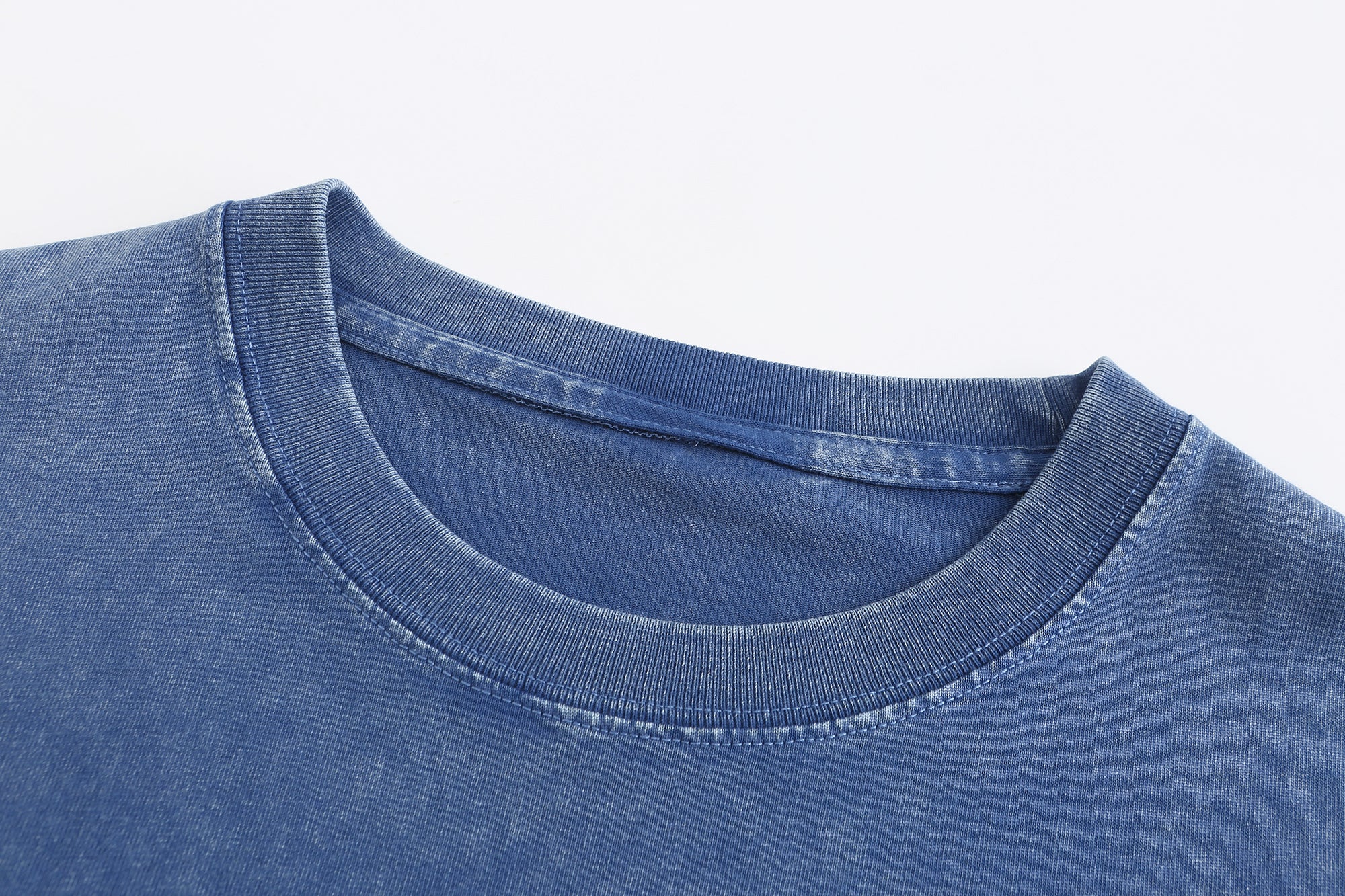 230GSM Vintage Snow Washed Tee - Steel Blue Fabric, Stitching and Construction - Detail View