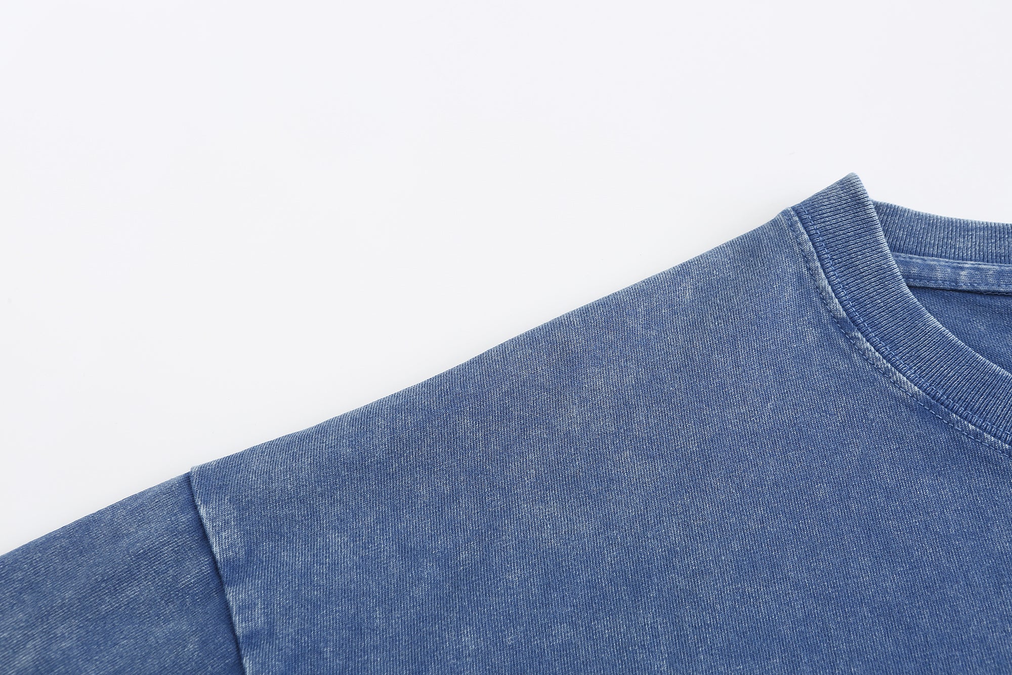 230GSM Vintage Snow Washed Tee - Steel Blue Fabric, Stitching and Construction - Detail View