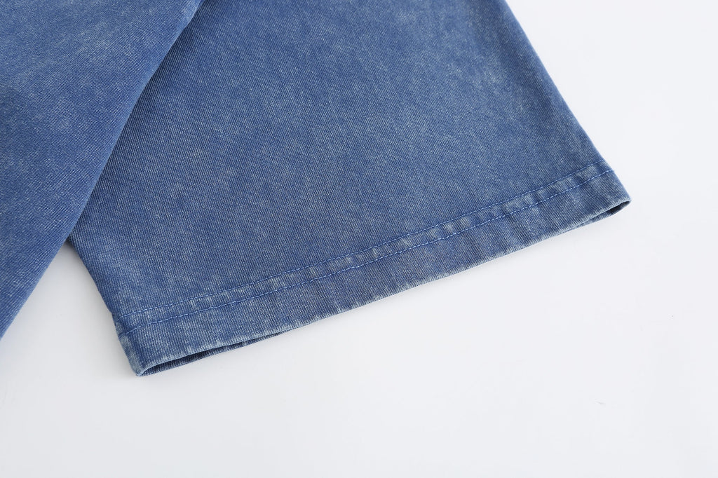 200GSM Vintage Snow Washed Tee - Steel Blue Fabric, Stitching and Construction - Detail View