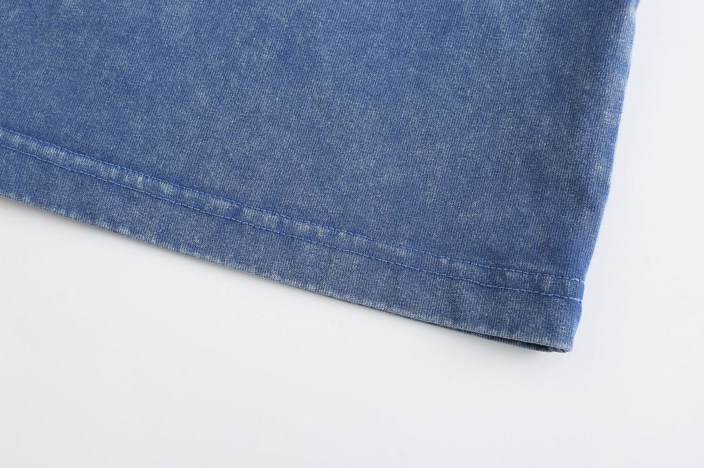 200GSM Vintage Snow Washed Tee - Steel Blue Fabric, Stitching and Construction - Detail View