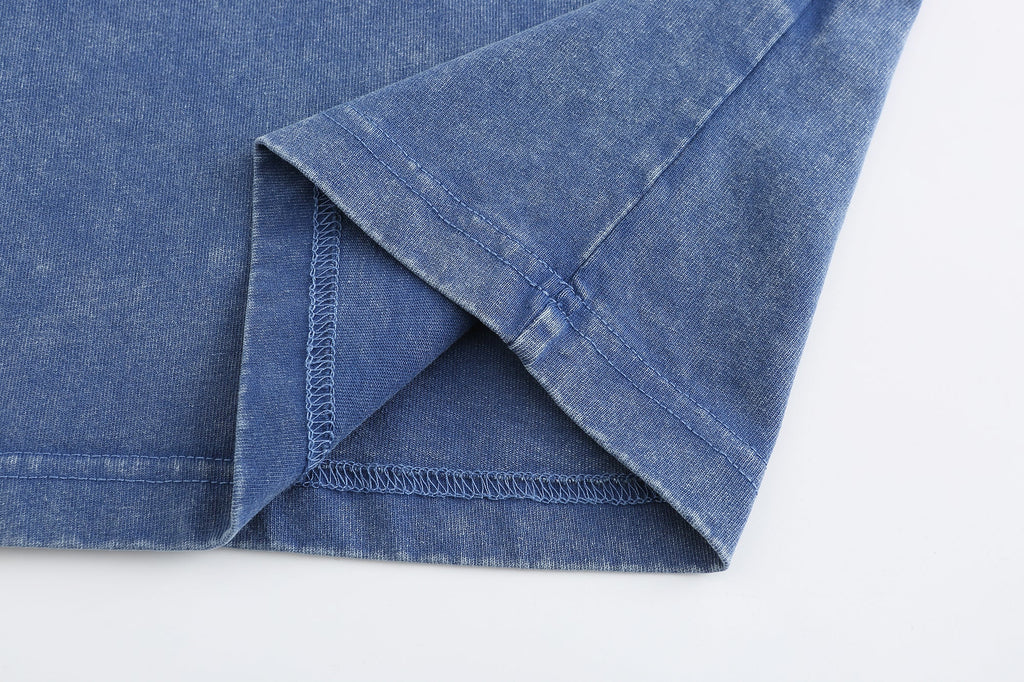 200GSM Vintage Snow Washed Tee - Steel Blue Fabric, Stitching and Construction - Detail View