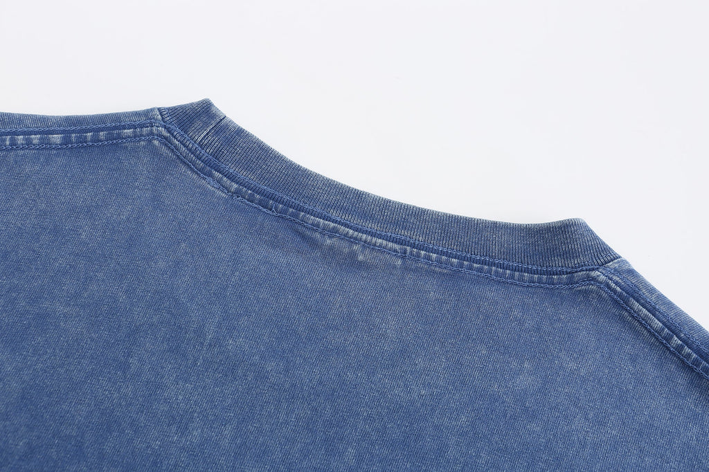 200GSM Vintage Snow Washed Tee - Steel Blue Fabric, Stitching and Construction - Detail View