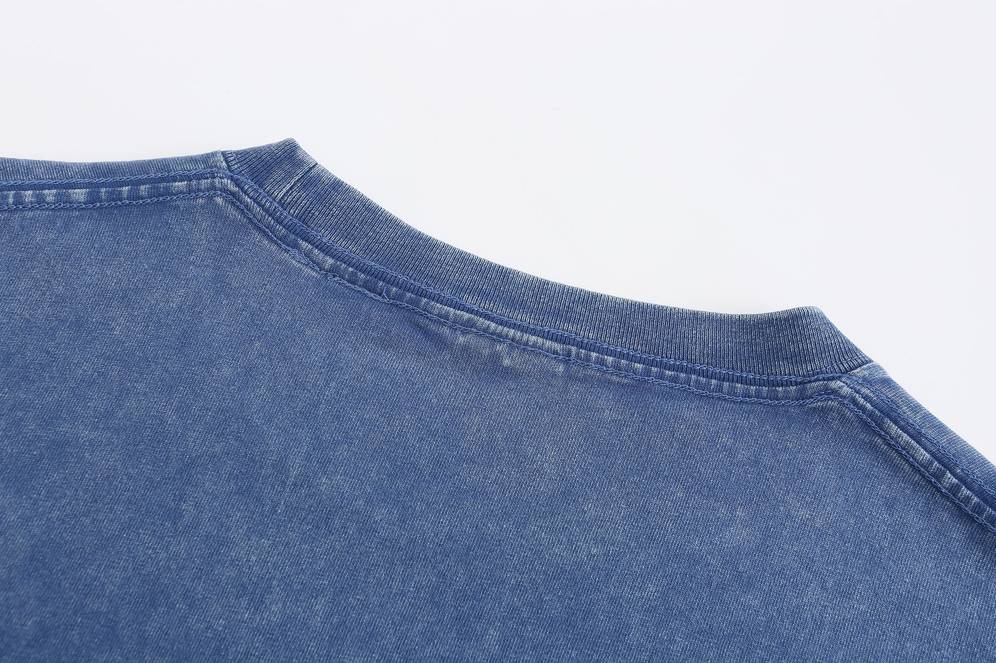 200GSM Vintage Snow Washed Tee - Steel Blue Fabric, Stitching and Construction - Detail View