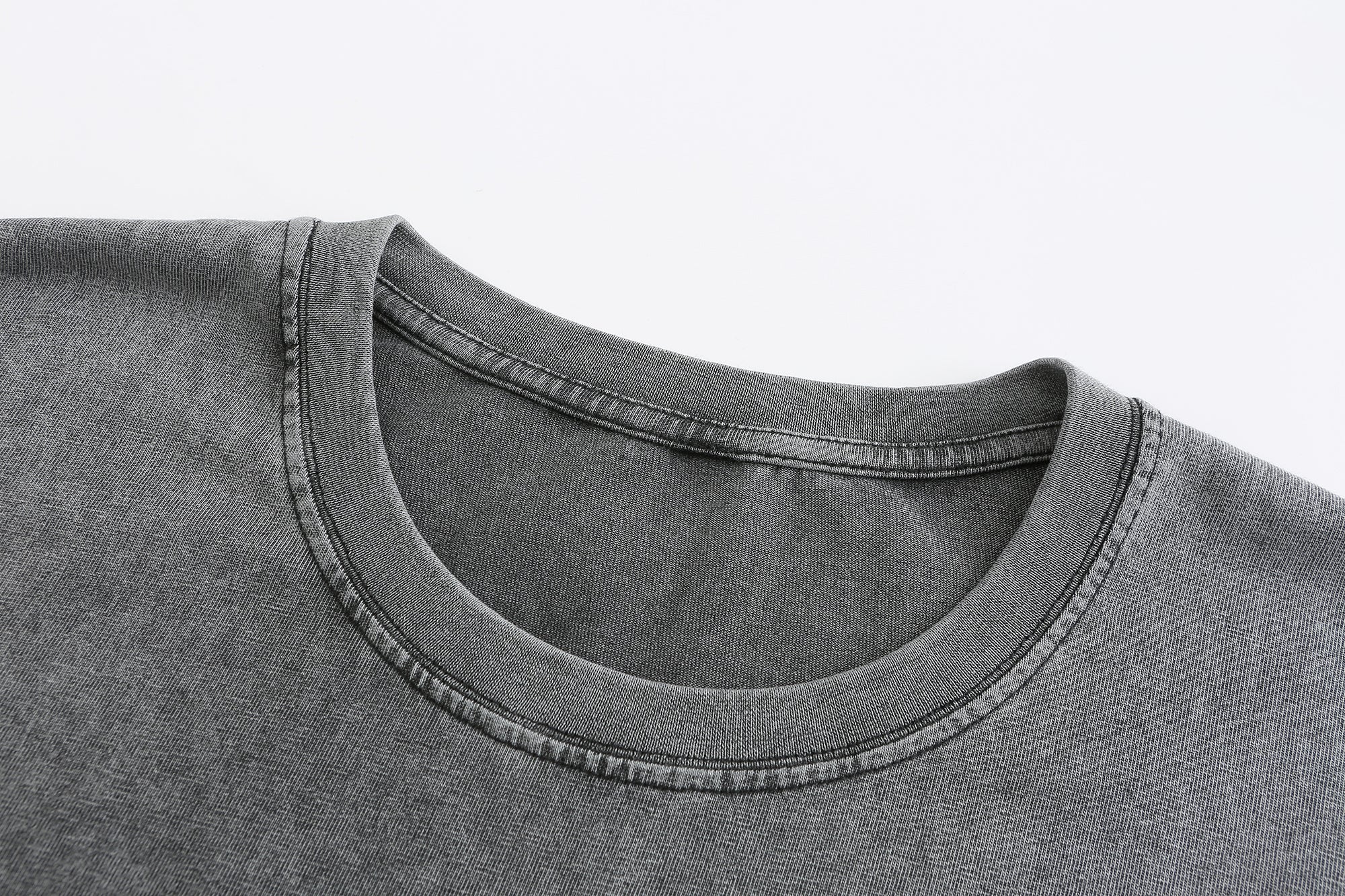 230GSM Vintage Snow Washed Tee - Gray Fabric, Stitching and Construction - Detail View