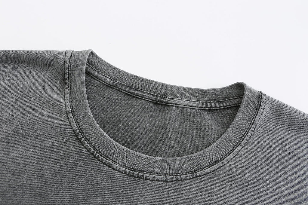 200GSM Vintage Snow Washed Tee - Gray Fabric, Stitching and Construction - Detail View