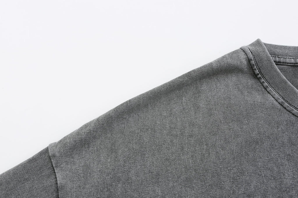 200GSM Vintage Snow Washed Tee - Gray Fabric, Stitching and Construction - Detail View