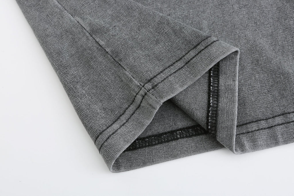 200GSM Vintage Snow Washed Tee - Gray Fabric, Stitching and Construction - Detail View