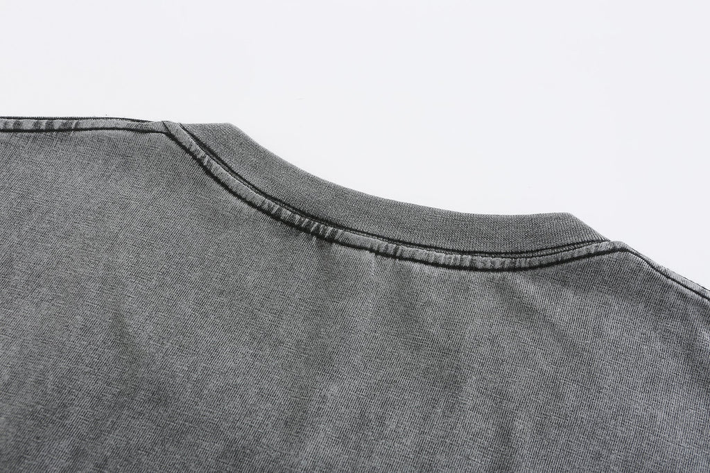 200GSM Vintage Snow Washed Tee - Gray Fabric, Stitching and Construction - Detail View