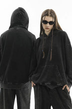 350GSM Snow Washed Pullover Hoodie - Black - Model View