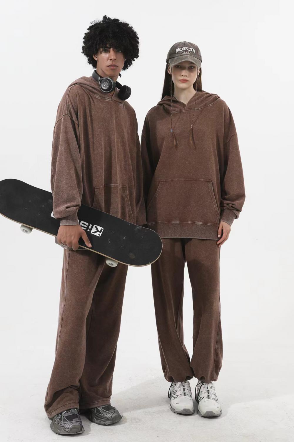 350GSM Snow Washed Pullover Hoodie - Brown - Model View