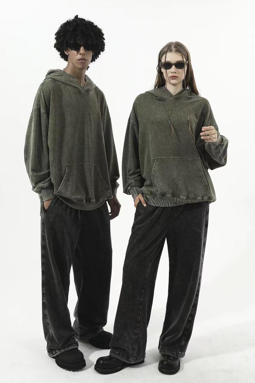 350GSM Snow Washed Pullover Hoodie - Navy Green - Model View