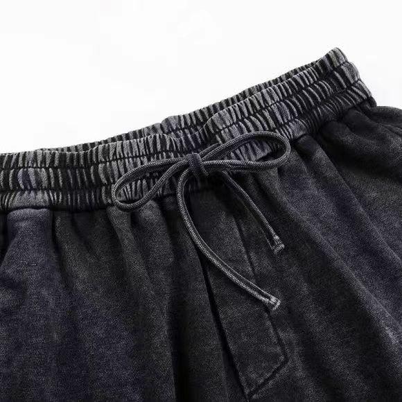 350GSM Heavyweight Snow Washed Straight-Leg Sweatpants - Black Fabric, Stitching and Construction - Detail View