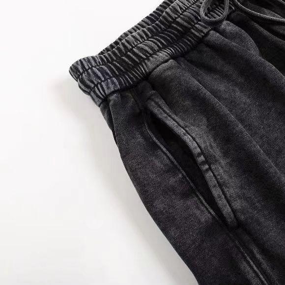 350GSM Heavyweight Snow Washed Straight-Leg Sweatpants - Black Fabric, Stitching and Construction - Detail View