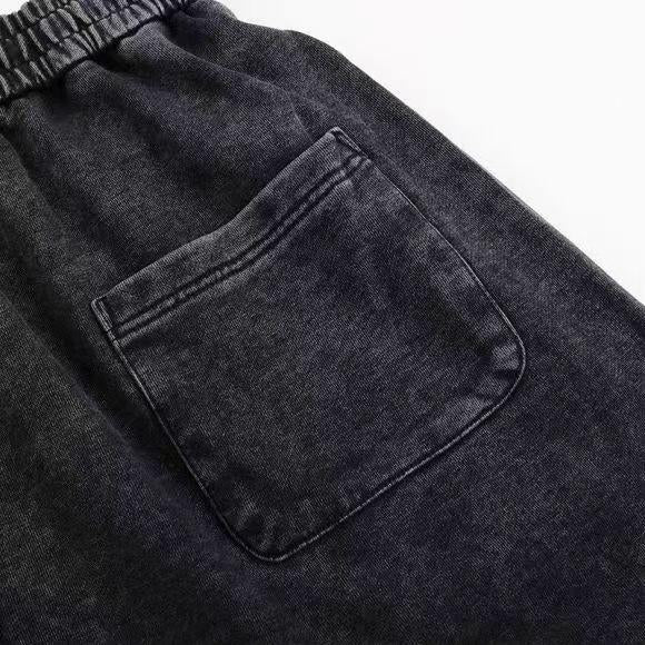 350GSM Heavyweight Snow Washed Straight-Leg Sweatpants - Black Fabric, Stitching and Construction - Detail View
