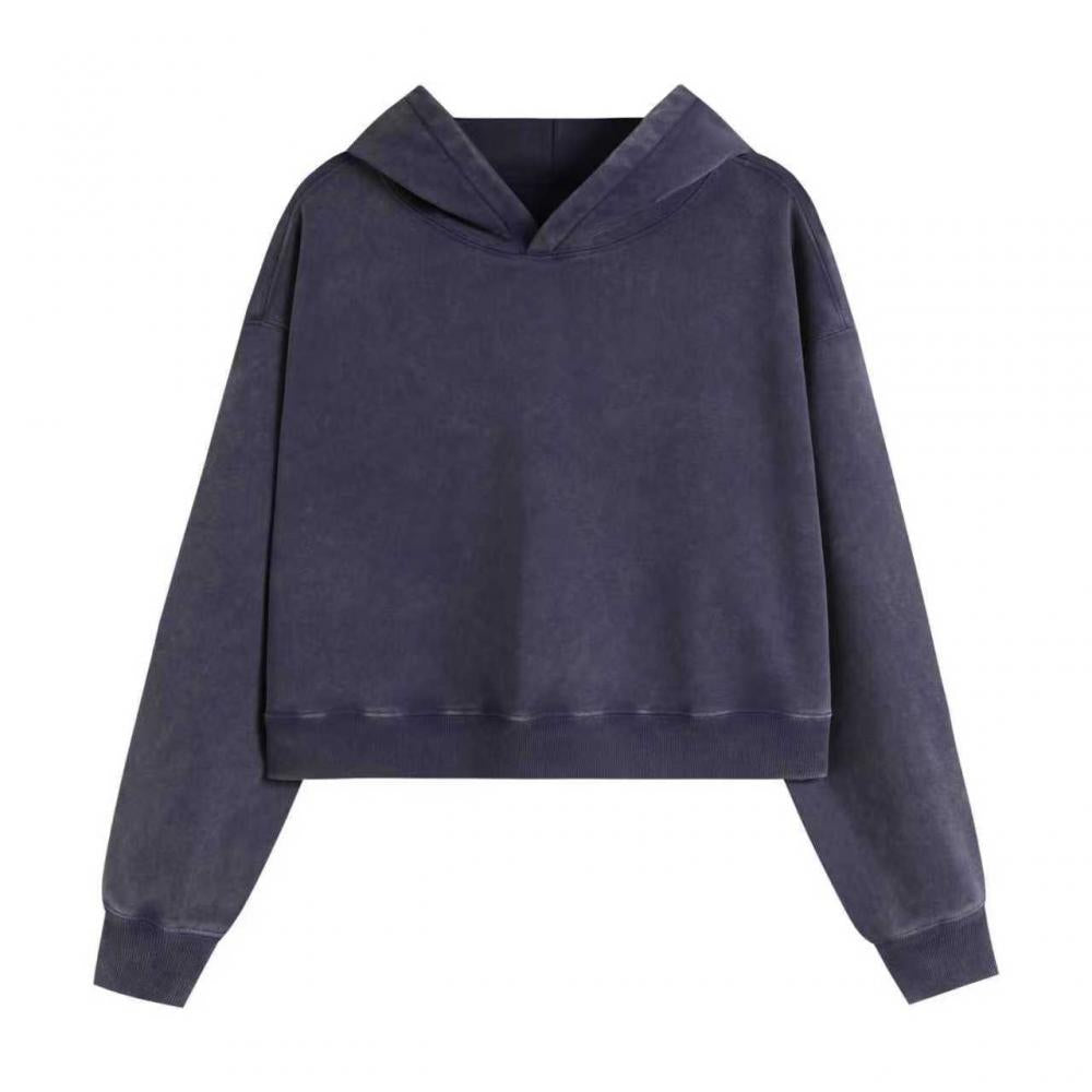 400GSM Women Snow Washed Drop shoulder Cropped Pullover Hoodie - Steel Blue - Front View