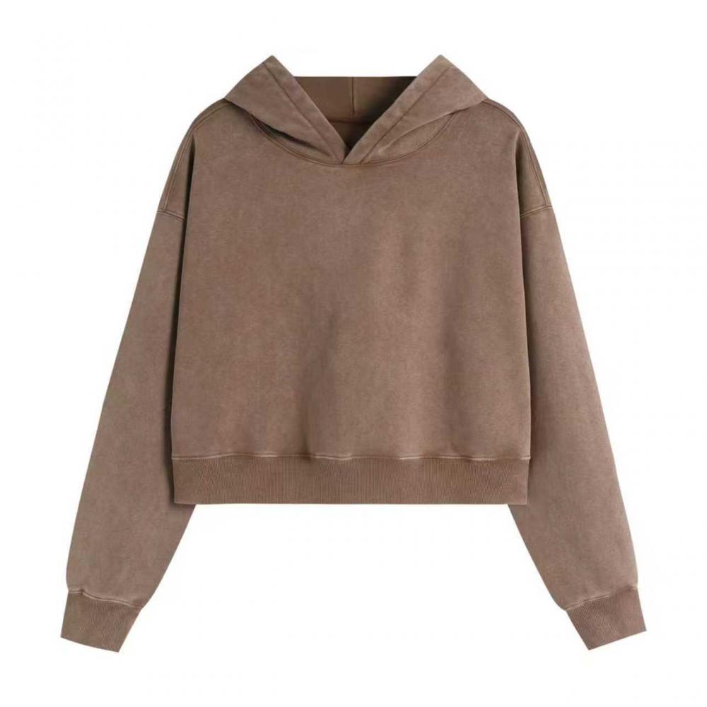 400GSM Women Snow Washed Drop shoulder Cropped Pullover Hoodie - Khaki - Front View