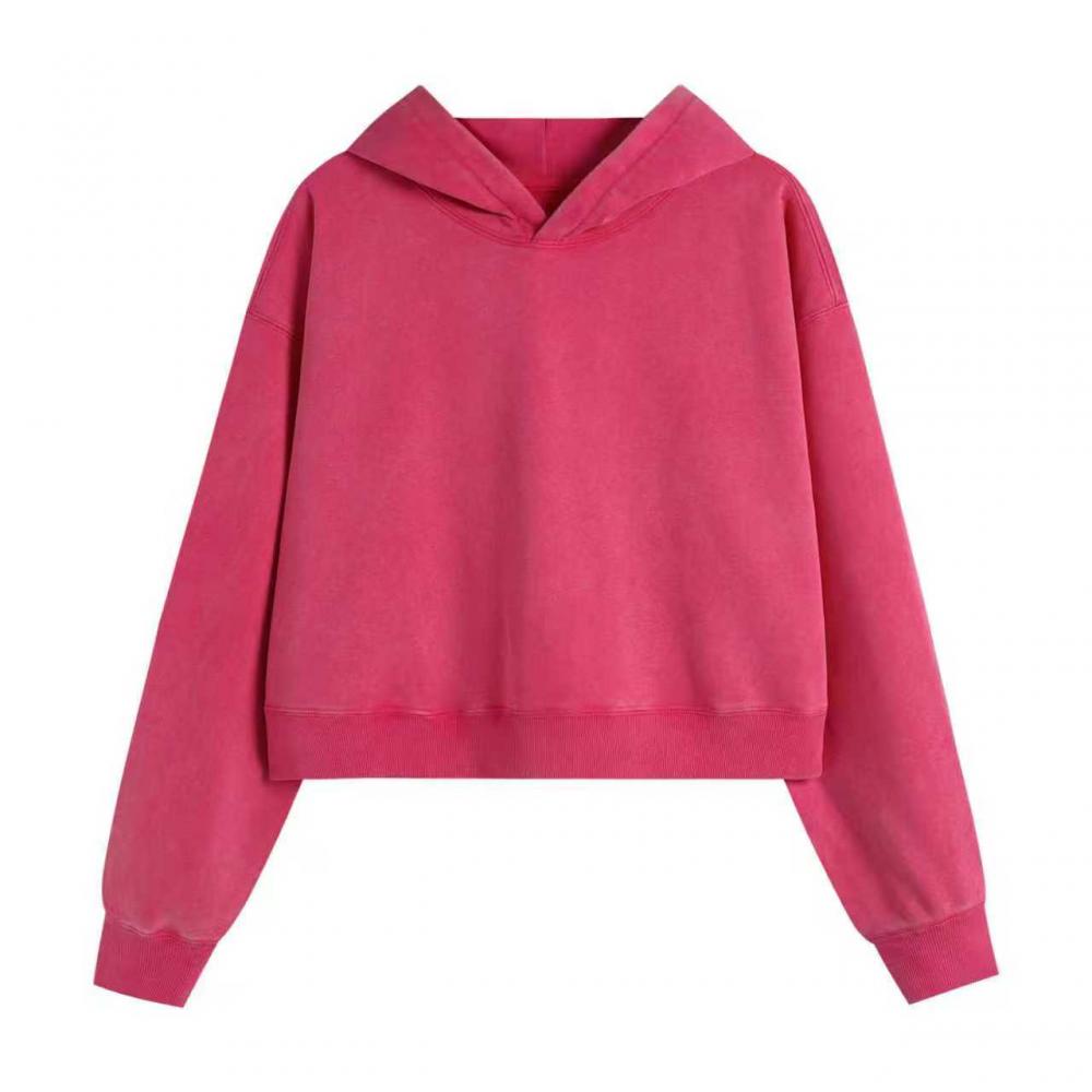 400GSM Women Snow Washed Drop shoulder Cropped Pullover Hoodie - Pink - Front View