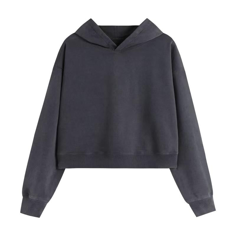 400GSM Women Snow Washed Drop shoulder Cropped Pullover Hoodie - Dark Gray - Front View