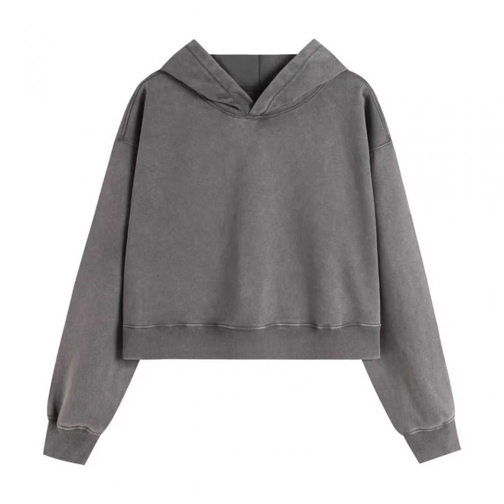 400GSM Women Snow Washed Drop shoulder Cropped Pullover Hoodie - Light Gray - Front View