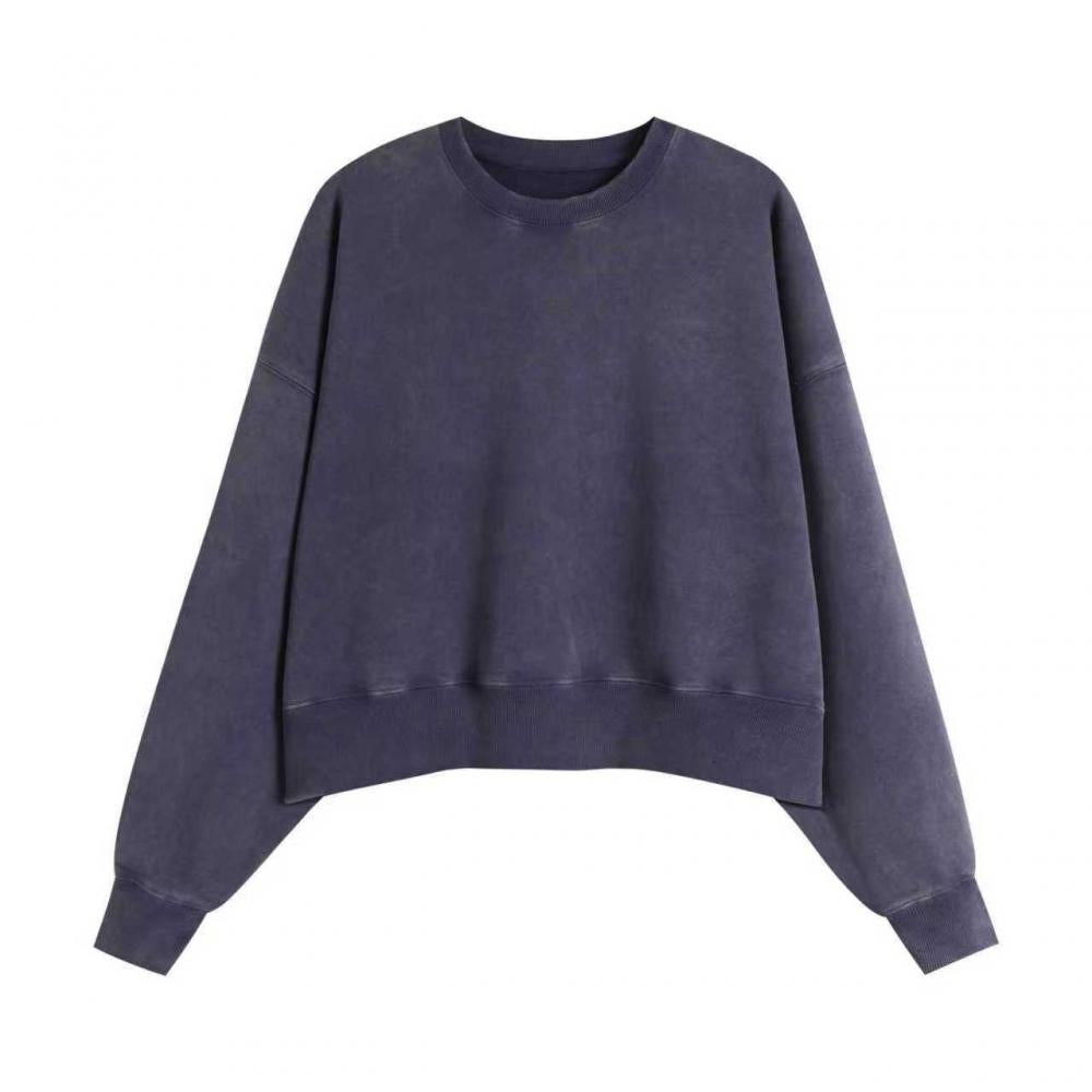 400GSM Women Snow Washed Drop shoulder Cropped Crewneck - Dark Blue - Front View