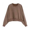 400GSM Women Washed Drop Shoulder Cropped Crewneck - Khaki - Front View