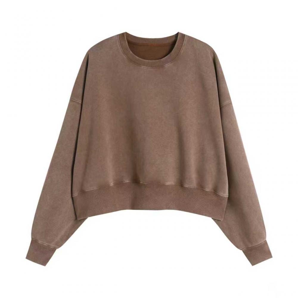 400GSM Women Snow Washed Drop shoulder Cropped Crewneck - Khaki - Front View