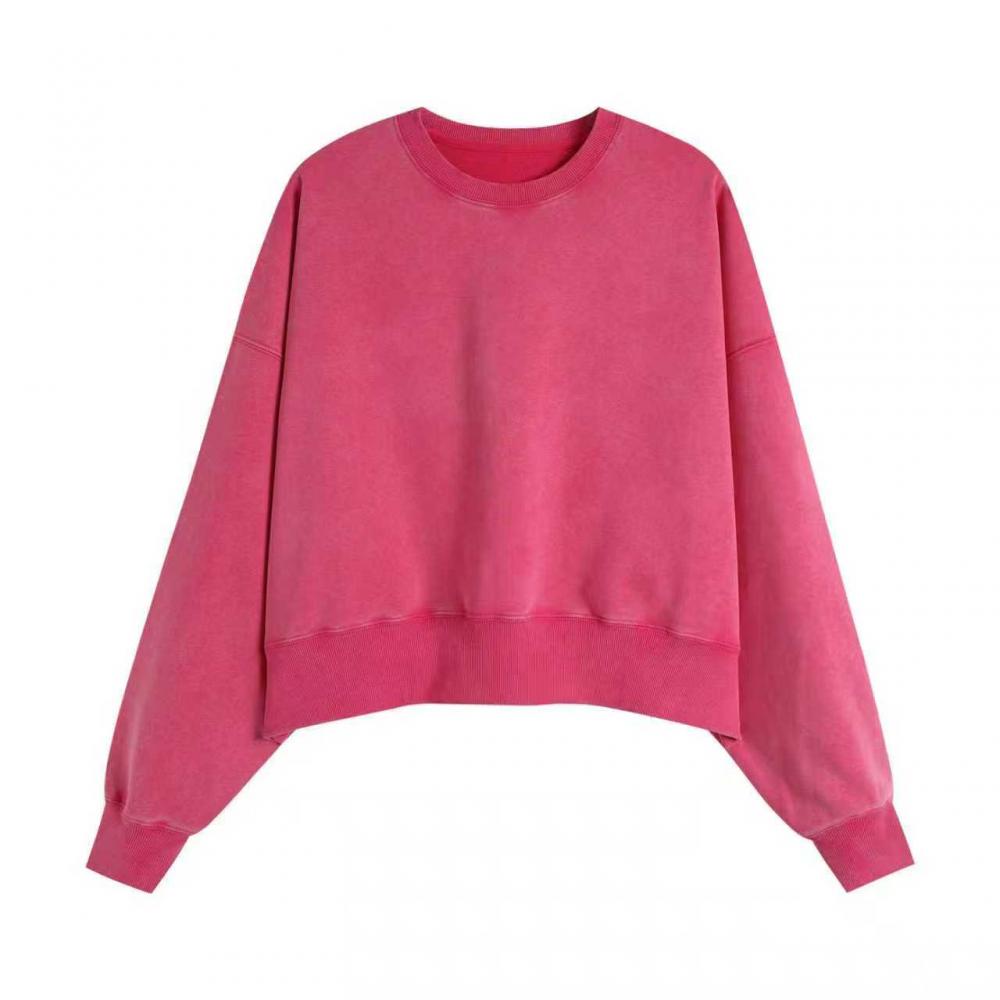400GSM Women Snow Washed Drop shoulder Cropped Crewneck - Pink - Front View