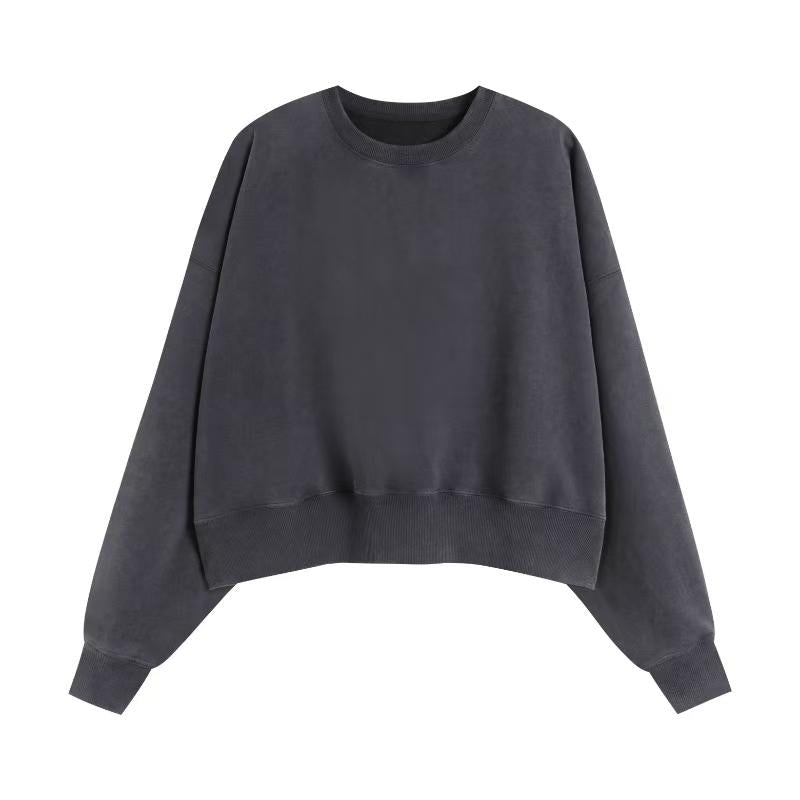 400GSM Women Snow Washed Drop shoulder Cropped Crewneck - Dark Gray - Front View