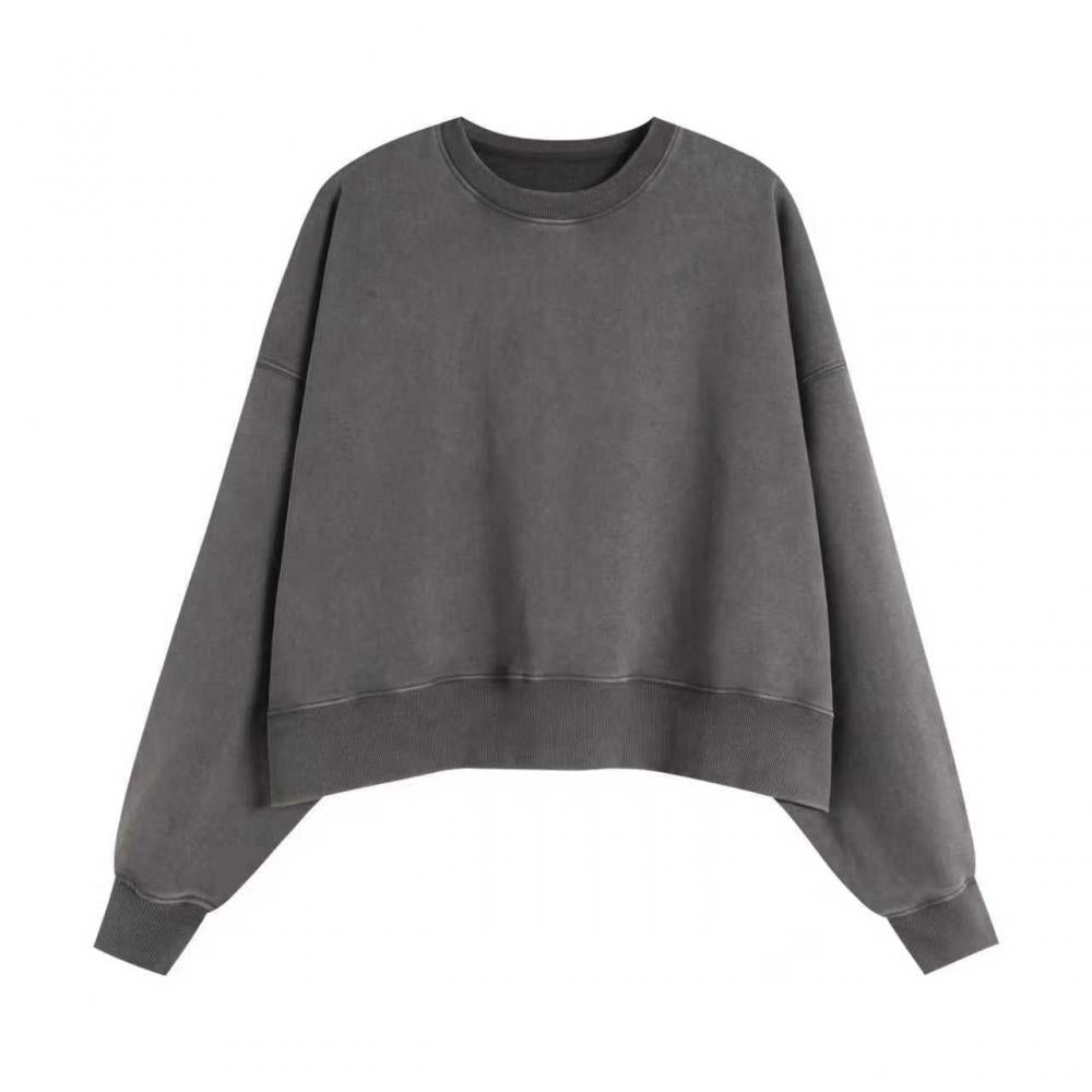 400GSM Women Snow Washed Drop shoulder Cropped Crewneck - Gray - Front View