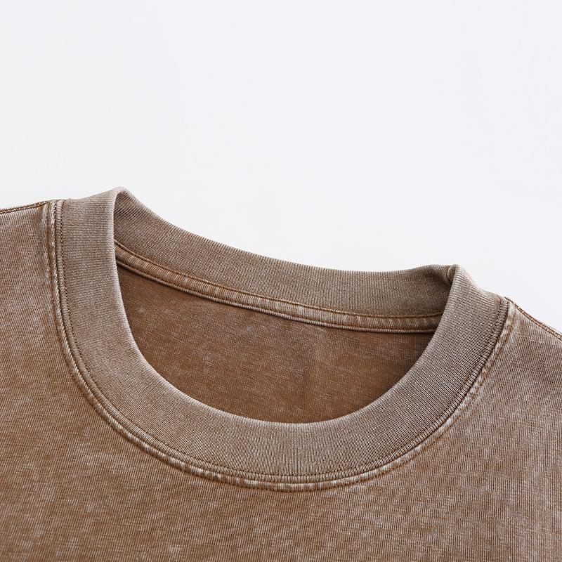 270GSM Vintage Snow Washed Tee - Brown Fabric, Stitching and Construction - Detail View