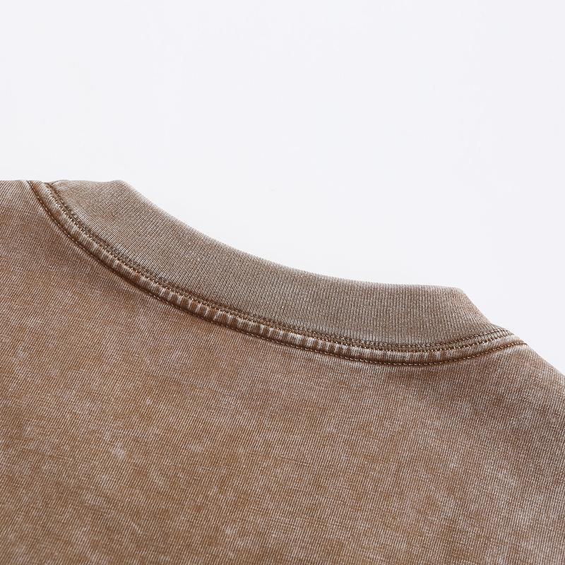 270GSM Vintage Snow Washed Tee - Brown Fabric, Stitching and Construction - Detail View