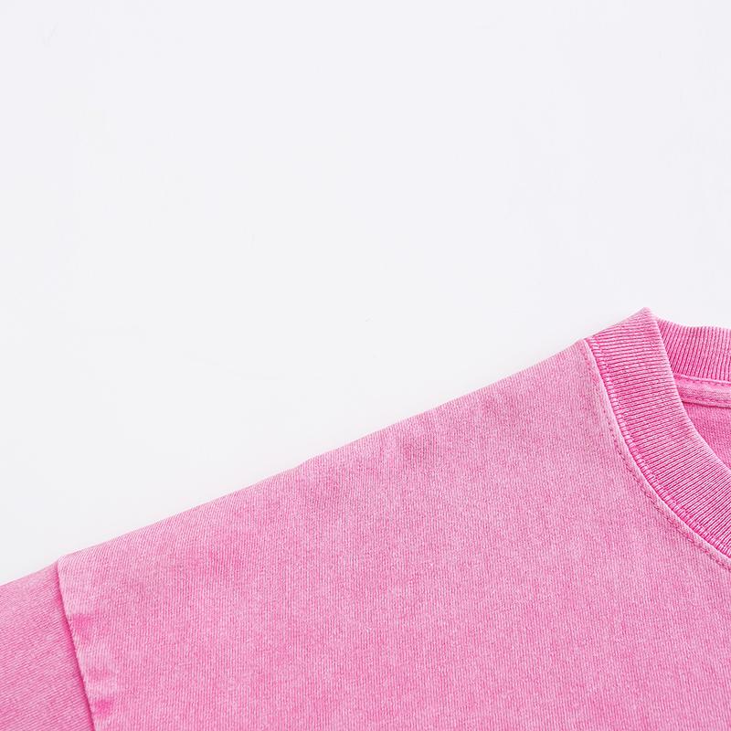 270GSM Vintage Snow Washed Tee - Pink Fabric, Stitching and Construction - Detail View