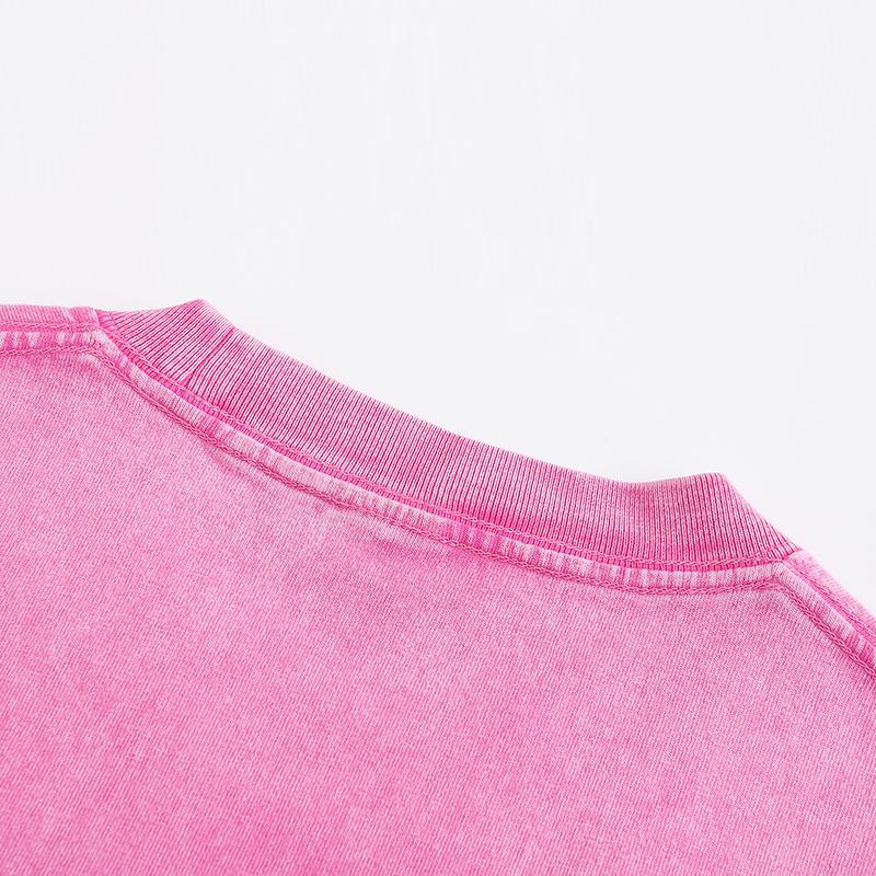 270GSM Vintage Snow Washed Tee - Pink Fabric, Stitching and Construction - Detail View