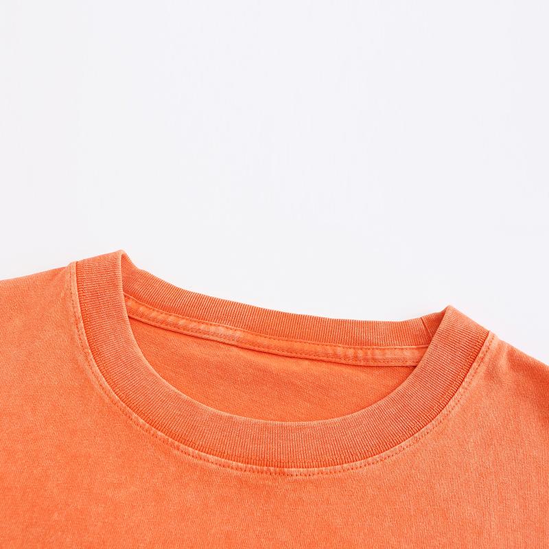 270GSM Vintage Snow Washed Tee - Orange Fabric, Stitching and Construction - Detail View