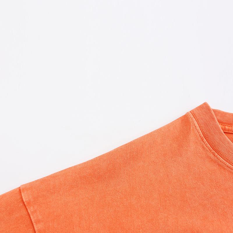 270GSM Vintage Snow Washed Tee - Orange Fabric, Stitching and Construction - Detail View
