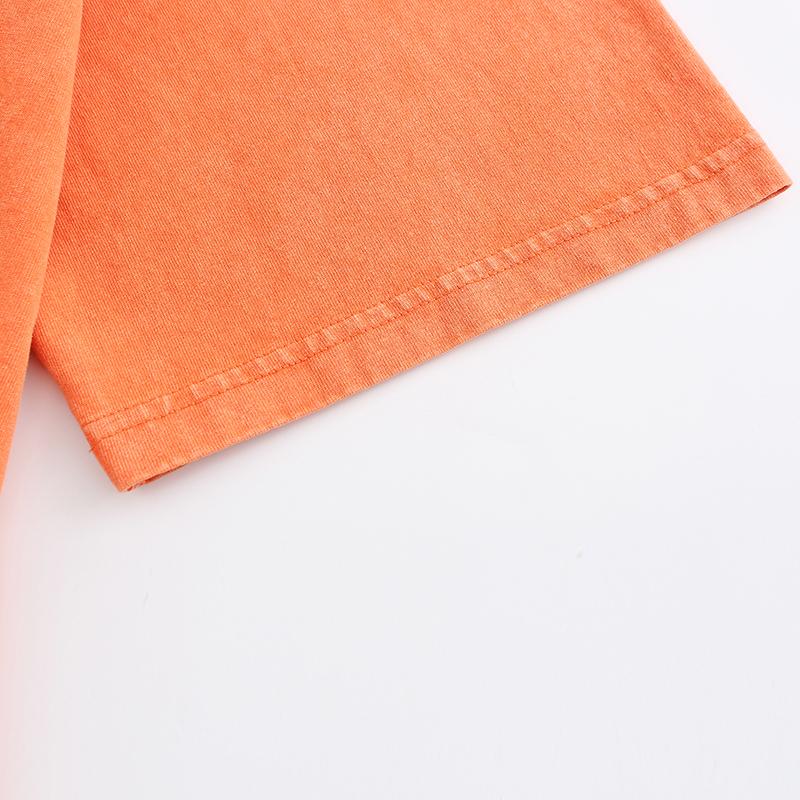 270GSM Vintage Snow Washed Tee - Orange Fabric, Stitching and Construction - Detail View
