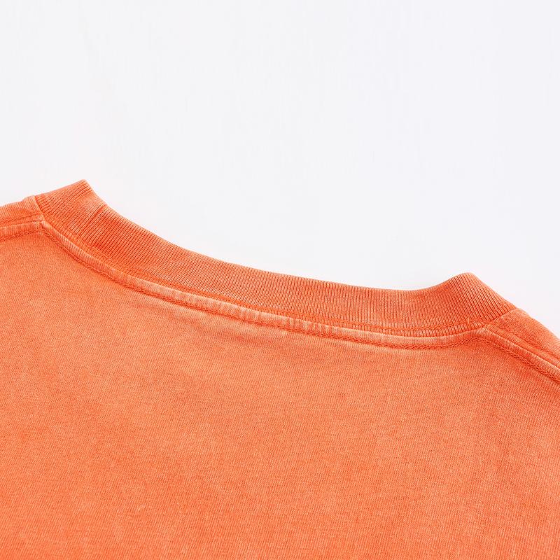 270GSM Vintage Snow Washed Tee - Orange Fabric, Stitching and Construction - Detail View
