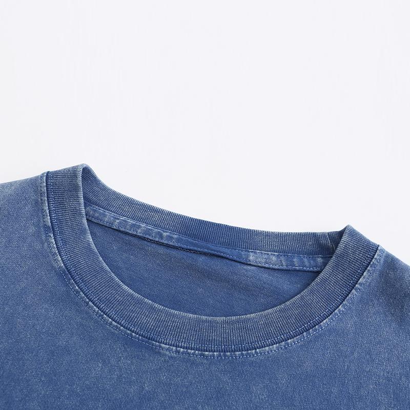 270GSM Vintage Snow Washed Tee - Steel Blue Fabric, Stitching and Construction - Detail View